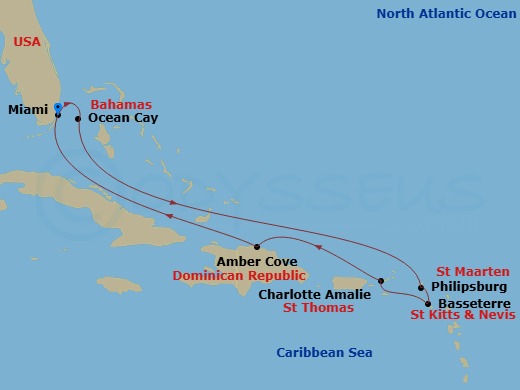 9 Night - Caribbean and Antilles - MSC Seashore - Starting in Miami, Florida, Ocean Cay Msc Marine Reserve, Bahamas, Philipsburg, St Maarten, Basseterre, St Kitts and Nevis, Charlotte Amalie (St Thomas) Virgin Islands, Amber Cove, Dominican Republic, Miami, Florida itinerary map