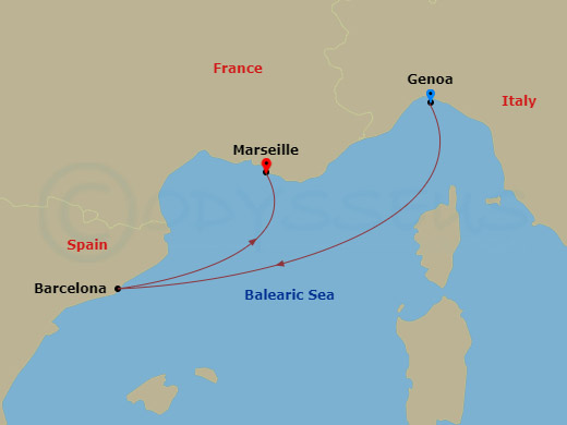 3 Night - Mediterranean - MSC Seaview - Starting in Genoa (Portofino), Italy, Barcelona, Spain, Marseille (Provence), France itinerary map
