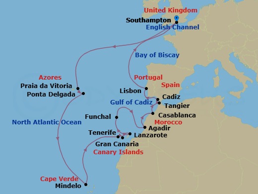 28 Night - Portugal, Spain and Morocco - Queen Victoria - Starting in Southampton, England, UK, Praia da Vitoria, Azores, Portugal, Ponta Delgada, Azores, Portugal, Mindelo, St Vincent, Cape Verde, Tenerife, Spain, Gran Canaria, Spain, Lanzarote, Spain, Funchal, Madeira, Portugal, Agadir, Morocco, Casablanca, Morocco, Tangier, Morocco, Cadiz (tours to Seville), Spain, Lisbon, Portugal, Southampton, England, UK itinerary map