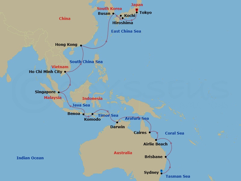 34 Night - Australia from Sydney to Tokyo - Silver Moon - Starting in Sydney AU, Brisbane, Airlie Beach, Cairns, Darwin, Komodo Island, Benoa, Singapore, Ho Chi Minh City, Hong Kong, Busan, Kanmon Straits Passage, Hiroshima, Kochi, Tokyo itinerary map