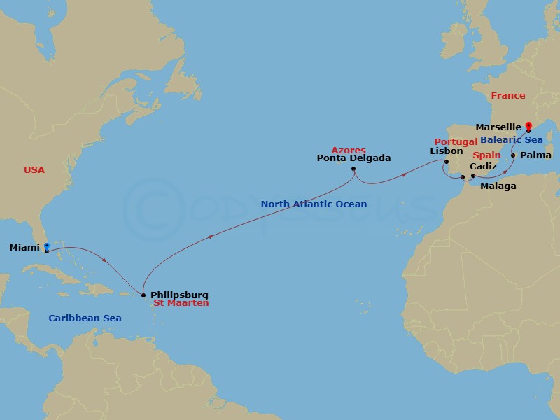 16 Night - Msc Grand Voyages - MSC Meraviglia - Starting in Miami, Florida, Philipsburg, Saint Martin, Ponta Delgada (Azores), Portugal, Lisbon (Cascais), Portugal, Cadiz (Seville), Spain, Malaga (Granada), Spain, Palma De Mallorca (Balearic Islands), Spain, Marseille (Provence), France itinerary map
