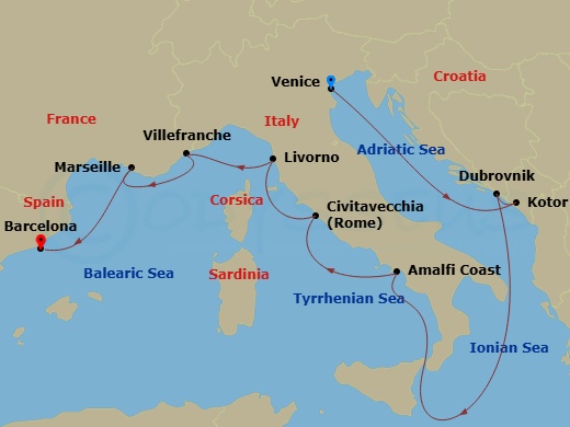12 Night - Pre Venice Cruisetour - Norwegian Viva Tours - Starting in At Hotel, Venice (Ravenna), Italy, Kotor, Montenegro, Dubrovnik, Croatia, Amalfi Coast (Salerno), Italy, Civitavecchia Rome, Italy, Livorno / Florence / Pisa, Italy, Nice / Monaco (Villefranche), France, Provence, Marseille, France, Barcelona, Spain itinerary map