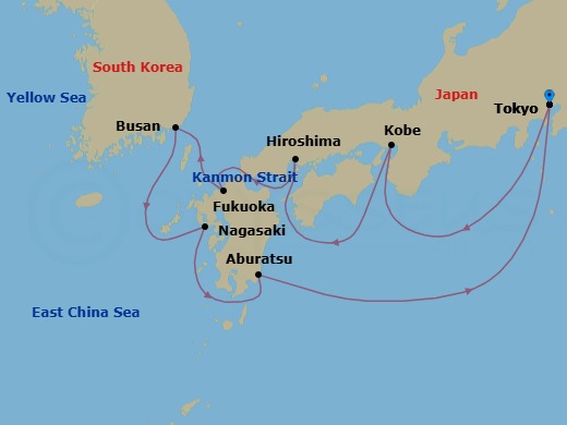 10 Night - Tokyo / Tokyo - Luminara - Starting in Tokyo, Osaka (Kobe), Hiroshima, Fukuoka, Busan, Nagasaki, Aburatsu, Tokyo itinerary map