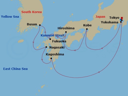 10 Night - Tokyo (Yokohama) / Tokyo - Luminara - Starting in Tokyo (Yokohama), Osaka (Kobe), Hiroshima, Fukuoka, Busan, Nagasaki, Kagoshima, Tokyo itinerary map