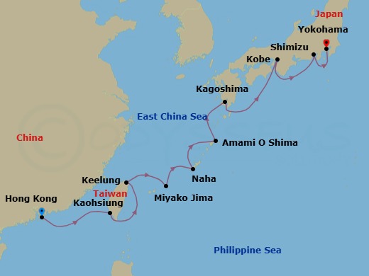 12 Night - Hong Kong / Tokyo (Yokohama) - Luminara - Starting in Hong Kong, Kaohsiung, Taipei (Keelung), Miyakojima, Okinawa, Naha, Okinawa, Amami, Kagoshima, Osaka (Kobe), Shimizu, Tokyo (Yokohama) itinerary map