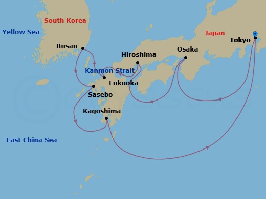 10 Night - Tokyo / Tokyo - Luminara - Starting in Tokyo, Osaka, Hiroshima, Fukuoka, Busan, Sasebo, Kagoshima, Tokyo itinerary map