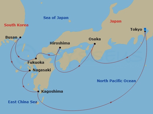10 Night - Tokyo / Tokyo - Luminara - Starting in Tokyo, Osaka, Hiroshima, Fukuoka, Busan, Nagasaki, Kagoshima, Tokyo itinerary map