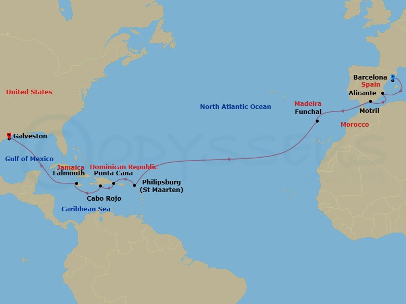 17 Night - Repo - Transatlantic - Norwegian Viva - Starting in Barcelona, Spain, Alicante, Spain, Motril, Spain, Funchal, Portugal, Philipsburg, St Maarten, Netherland Antilles, Punta Cana (La Romana), Dominican Republic, Cabo Rojo, Dominican Republic, Falmouth, Jamaica, Galveston, Texas itinerary map