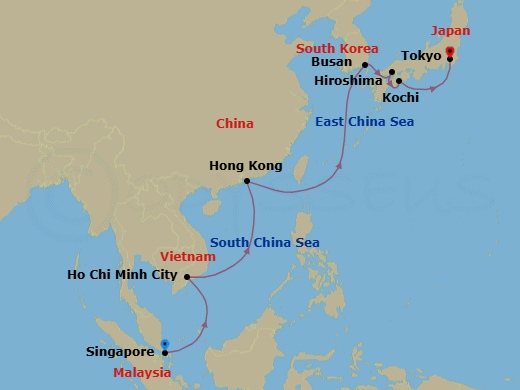 16 Night - Singapore to Tokyo - Silver Moon - Starting in Singapore, Ho Chi Minh City, Hong Kong, Busan, Kanmon Straits Passage, Hiroshima, Kochi, Tokyo itinerary map