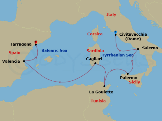 7 Night - Amalfi Coast, Africa & Iberia - Viking Saturn - Starting in Rome (Civitavecchia), Salerno, Palermo, Sicily, Tunis (La Goulette), Sardinia (Cagliari), Sail the Mediterranean Sea, Valencia, Barcelona (Tarragona) itinerary map