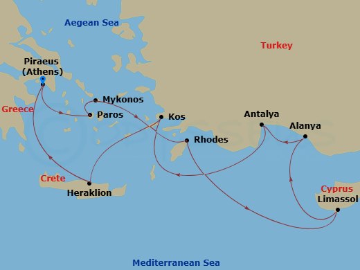 10 Night - Greece, Cyprus & Turkey : Paros, Limassol & Antalya - Azamara Quest - Starting in Athens (Piraeus), Paros, Mykonos, Rhodes, Limassol, Alanya, Antalya, Kos, Heraklion, (Crete), Athens (Piraeus) itinerary map