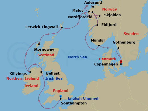 14 Night - Castles, Fjords & Canals - Oceania Marina - Starting in London (Southampton), Belfast, Killybegs, Stornoway (Hebrides), Lerwick (Shetland Islands), Maloy, Alesund, Skjolden, Nordfjordeid, Eidfjord, Mandal, Gothenburg, Copenhagen itinerary map