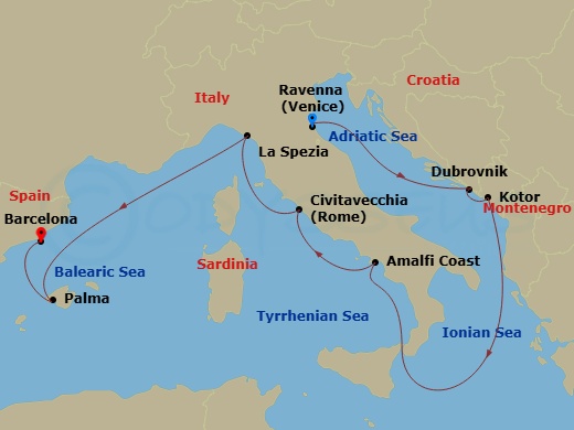 9 Night - Europe - Classic Mediterranean - Norwegian Viva - Starting in Venice (Ravenna), Italy, Dubrovnik, Croatia, Kotor, Montenegro, Amalfi Coast (Salerno), Italy, Civitavecchia Rome, Italy, La Spezia, Italy, Nice / Monaco (Villefranche), France, Palma Majorca, Spain, Barcelona, Spain itinerary map