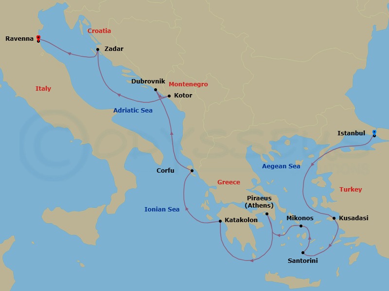 10 Night - Greek Isles & Italy - Norwegian Viva - Starting in Istanbul, Turkey, Kusadasi, Turkey, Santorini Island, Greece, Mykonos, Greece, Piraeus / Athens, Greece, Olympia / Katakolon, Greece, Corfu, Greece, Dubrovnik, Croatia, Kotor, Montenegro, Zadar, Croatia, Venice (Ravenna), Italy itinerary map
