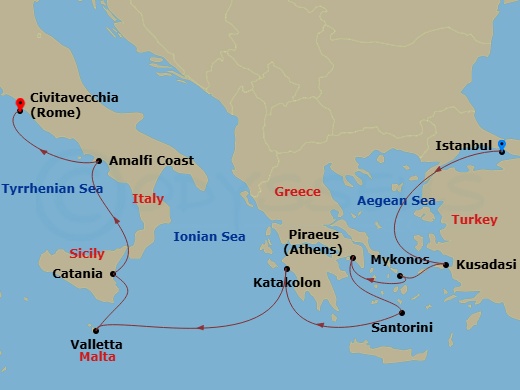 9 Night - Greek Isles & Italy - Norwegian Viva - Starting in Istanbul, Turkey, Kusadasi, Turkey, Mykonos, Greece, Piraeus / Athens, Greece, Santorini Island, Greece, Olympia / Katakolon, Greece, Valletta, Malta, Catania, Italy, Amalfi Coast (Salerno), Italy, Civitavecchia Rome, Italy itinerary map