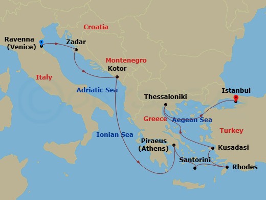 10 Night - Greek Isles & Italy - Norwegian Viva - Starting in Venice (Ravenna), Italy, Zadar, Croatia, Kotor, Montenegro, Piraeus / Athens, Greece, Santorini Island, Greece, Rhodes, Greece, Kusadasi, Turkey, Thessaloniki, Greece, Istanbul, Turkey itinerary map