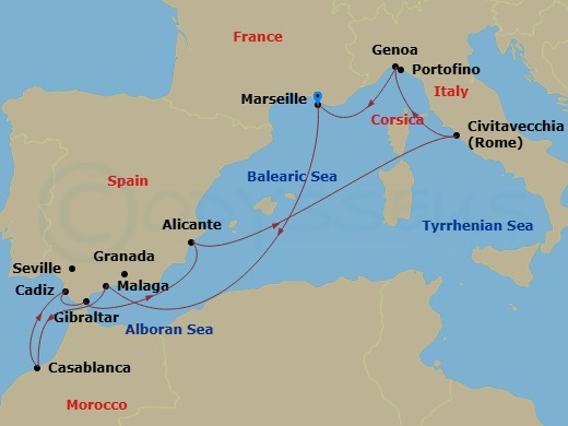 10 Night - Mediterranean - MSC Sinfonia - Starting in Marseille (Provence), France, Malaga (Granada), Spain, Casablanca (Marrakesh), Morocco, Cadiz (Seville), Spain, Gibraltar, Alicante, Spain, Civitavecchia (Rome), Italy, Genoa (Portofino), Italy, Marseille (Provence), France itinerary map