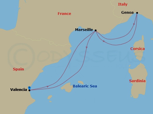 4 Night - Mediterranean - MSC Musica - Starting in Valencia, Spain, Marseille (Provence), France, Genoa (Portofino), Italy, Marseille (Provence), France, Valencia, Spain itinerary map
