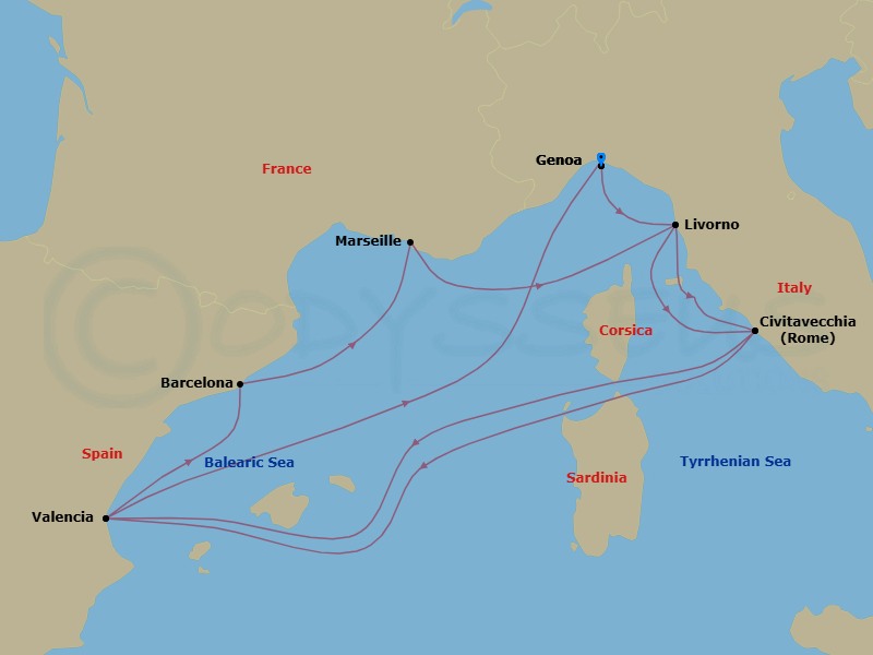 12 Night - Mediterranean - MSC Sinfonia - Starting in Genoa (Portofino), Italy, Livorno (Florence), Italy, Civitavecchia (Rome), Italy, Valencia, Spain, Barcelona, Spain, Marseille (Provence), France, Livorno (Florence), Italy, Civitavecchia (Rome), Italy, Valencia, Spain, Genoa (Portofino), Italy itinerary map