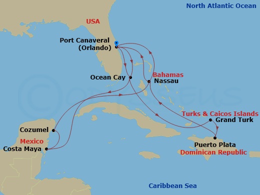 14 Night - Caribbean and Antilles - MSC World Atlantic - Starting in Port Canaveral (Orlando), Florida, Ocean Cay Msc Marine Reserve, Bahamas, Grand Turk Island, Turks and Caicos, Puerto Plata, Dominican Republic, Nassau, Bahamas, Port Canaveral (Orlando), Florida, Ocean Cay Msc Marine Reserve, Bahamas, Costa Maya, Mexico, Cozumel, Mexico, Nassau, Bahamas, Port Canaveral (Orlando), Florida itinerary map