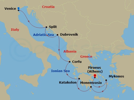 7 Night - Greek Homecoming - Oceania Sirena - Starting in Venice (Fusina), Split, Dubrovnik, Croatia, Corfu, Katakolon, Monemvasia, Mykonos, Athens (Piraeus) itinerary map