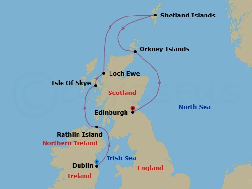 7 Night - Scotland's Wild Isles : Shetlands, Orkneys and Inner Hebrides - National Geographic Explorer - Starting in Dublin, Ireland / Embark Ship, Rathlin Island, Northern Ireland, Isle of Skye, Scotland / Loch Ewe, Shetland and Orkney, Edinburgh / Disembark Ship itinerary map