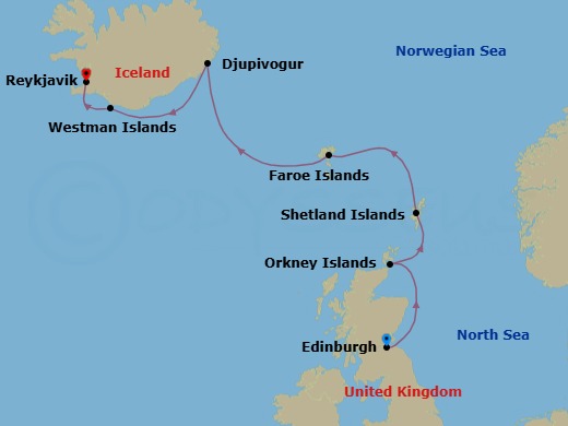10 Night - North Atlantic Wonders : Iceland, Scotland and the Faroes - National Geographic Explorer - Starting in Edinburgh, Scotland / Embark Ship, Orkney, Shetland, The Faroe Islands, Denmark, Djupivogur, Iceland / The Westman Islands, Reykjavik / Disembark Ship itinerary map