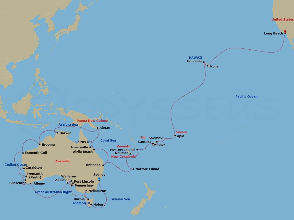 64 Night - World Cruise : Australia In-Depth, Fiji & Hawaii - Seabourn Quest - Starting in Sydney AU, Hobart, Tasmania, Australia, Burnie, Tasmania, Australia, Melbourne, Australia, Adelaide, South Australia, Australia, Penneshaw, Kangaroo Island, Australia, Wallaroo, South Australia, Australia, Port Lincoln, South Australia, Australia, Albany AU, Busselton, Australia, Fremantle (Perth), Australia, Geraldton, Western Australia, Australia, Exmouth, Australia, Broome, Western Australia, Australia, Scenic cruising Kimberley Coast, Darwin, Australia, Alotau, Papua New Guinea, Cairns, Australia, Townsville, Australia, Airlie Beach, Queensland, Australia, Brisbane, Australia, Norfolk Island, Australia, Noumea, New Caledonia, Mystery Island, Vanuatu, Lautoka, Fiji, Suva, Viti Levu, Fiji, Savusavu, Vanua Levu, Fiji, Apia, Upolu, Samoa, Cross International Dateline, Crossing the Equator, Honolulu, Hawaii, Kona, Hawaii, Long Beach, California itinerary map