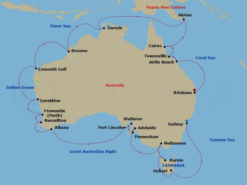 37 Night - World Cruise : Australia Circumnavigation - Seabourn Quest - Starting in Sydney AU, Hobart, Tasmania, Australia, Burnie, Tasmania, Australia, Melbourne, Australia, Adelaide, South Australia, Australia, Penneshaw, Kangaroo Island, Australia, Wallaroo, South Australia, Australia, Port Lincoln, South Australia, Australia, Albany AU, Busselton, Australia, Fremantle (Perth), Australia, Geraldton, Western Australia, Australia, Exmouth, Australia, Broome, Western Australia, Australia, Scenic cruising Kimberley Coast, Darwin, Australia, Alotau, Papua New Guinea, Cairns, Australia, Townsville, Australia, Airlie Beach, Queensland, Australia, Brisbane, Australia itinerary map