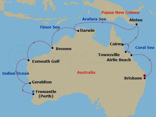 20 Night - World Cruise : Australia Explorer - Seabourn Quest - Starting in Fremantle (Perth), Australia, Geraldton, Western Australia, Australia, Exmouth, Australia, Broome, Western Australia, Australia, Scenic cruising Kimberley Coast, Darwin, Australia, Alotau, Papua New Guinea, Cairns, Australia, Townsville, Australia, Airlie Beach, Queensland, Australia, Brisbane, Australia itinerary map