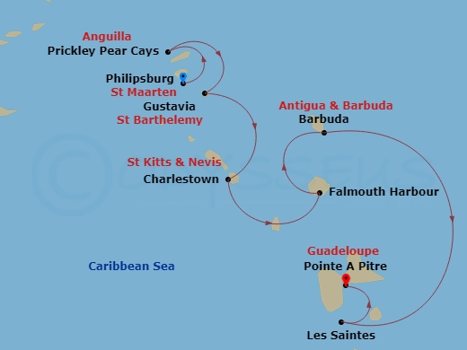 7 Night - History and Culture Visiting Caribbean Jewels - Le Ponant - Starting in Philipsburg, Prickley Pear Cays, Gustavia, Charlestown, Nevis, Falmouth Bay, Barbuda, Les Saintes, Pointe-a-Pitre itinerary map
