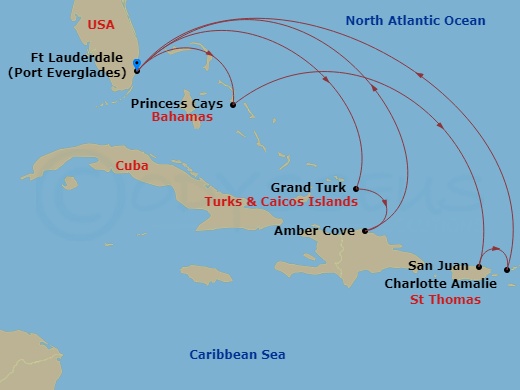 12 Night - Eastern Caribbean Adventurer - Majestic Princess - Starting in Fort Lauderdale, Florida, Princess Cays, Bahamas, San Juan, Puerto Rico, St Thomas, US Virgin Islands, Fort Lauderdale, Florida, Grand Turk, Turks and Caicos, Amber Cove, Dominican Republic, Fort Lauderdale, Florida itinerary map