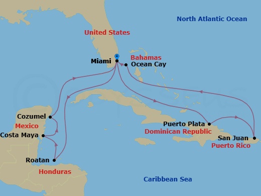 14 Night - Caribbean and Antilles - MSC World America - Starting in Miami, Florida, Puerto Plata, Dominican Republic, San Juan, Puerto Rico, Ocean Cay Msc Marine Reserve, Bahamas, Miami, Florida, Isla De Roatan, Honduras, Costa Maya, Mexico, Cozumel, Mexico, Miami, Florida itinerary map
