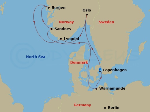7 Night - Northern Europe - MSC Magnifica - Starting in Copenhagen, Denmark, Warnemunde (Berlin), Germany, Sandnes, Norway, Bergen, Norway, Lyngdal, Norway, Oslo, Norway, Copenhagen, Denmark itinerary map