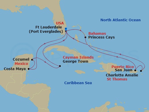 14 Night - Eastern / Western Caribbean Adventurer - Sun Princess - Starting in Fort Lauderdale, Florida, Costa Maya (Mahahual), Mexico, Cozumel, Mexico, Grand Cayman, Cayman Islands, Fort Lauderdale, Florida, Princess Cays, Bahamas, San Juan, Puerto Rico, St Thomas, US Virgin Islands, Fort Lauderdale, Florida itinerary map