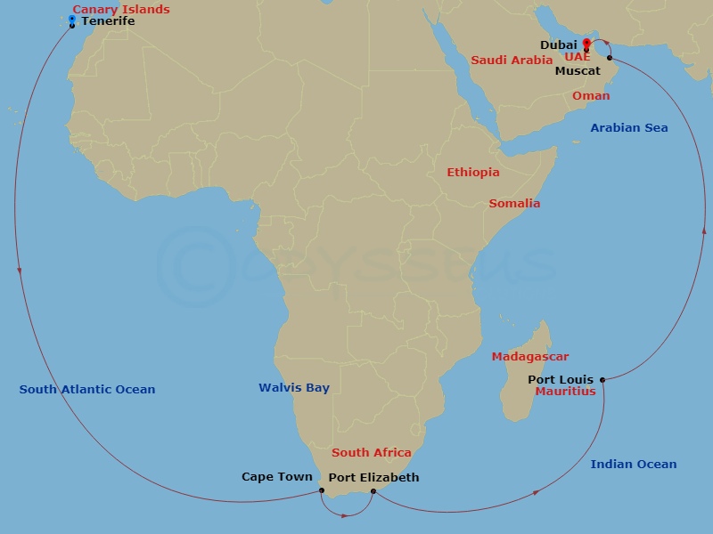31 Night - Transatlantic from S. Cruz De Tenerife - Costa Smeralda - Starting in Santa Cruz de Tenerife, Walvis Bay, Cape Town, Port Elizabeth ZA, South Africa, Port Louis, Mauritius, Muscat, Dubai (Dubai Harbor) itinerary map