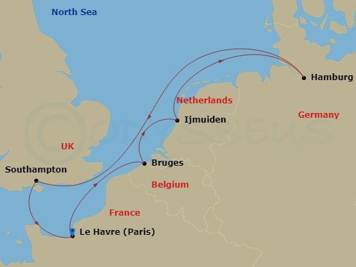 7 Night - Northern Europe - MSC Preziosa - Starting in Le Havre (Paris), France, Zeebrugge (Bruges), Belgium, Amsterdam, Holland, Hamburg, Germany, Southampton (London), United Kingdom, Le Havre (Paris), France itinerary map