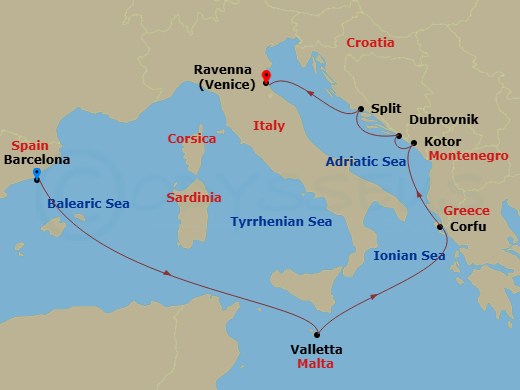 10 Night - Explore Barcelona Pre Cruisetour - Norwegian Pearl Tours - Starting in At Hotel, Barcelona, Spain, Valletta, Malta, Corfu, Greece, Kotor, Montenegro, Dubrovnik, Croatia, Split, Croatia, Venice (Ravenna), Italy itinerary map