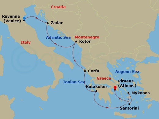 7 Night - Europe - Greek Isles - Venice - Norwegian Pearl - Starting in Venice (Ravenna), Italy, Zadar, Croatia, Kotor, Montenegro, Corfu, Greece, Olympia / Katakolon, Greece, Mykonos, Greece, Santorini Island, Greece, Piraeus / Athens, Greece itinerary map