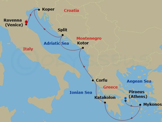 7 Night - Europe - Norwegian Pearl - Starting in Piraeus / Athens, Greece, Mykonos, Greece, Olympia / Katakolon, Greece, Corfu, Greece, Kotor, Montenegro, Split, Croatia, Koper, Slovenia, Venice (Ravenna), Italy itinerary map