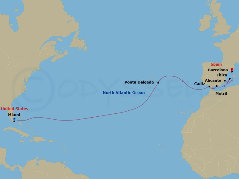 15 Night - Repo - Transatlantic - Norwegian Pearl - Starting in Miami, Fl, Ponta Delgada, Portugal, Cadiz / Seville, Spain, Motril, Spain, Ibiza, Spain, Alicante, Spain, Barcelona, Spain itinerary map