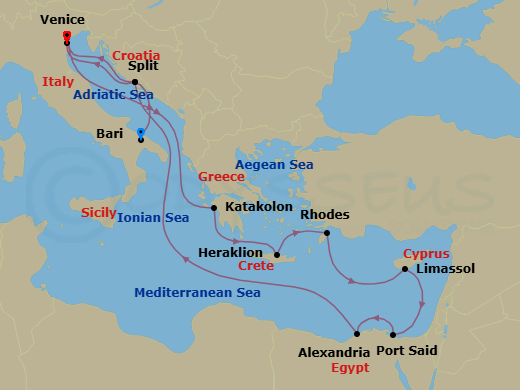 13 Night - Mediterranean - MSC Lirica - Starting in Bari, Italy, Split, Croatia, Venice / Marghera, Italy, Katakolon (Olympia), Greece, Heraklion (Crete), Greece, Rhodes (Lindos), Greece, Limassol, Cyprus, Port Said, Egypt, Alexandria EG, Egypt, Split, Croatia, Venice / Marghera, Italy itinerary map