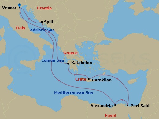 10 Night - Mediterranean - MSC Lirica - Starting in Venice / Marghera, Italy, Katakolon (Olympia), Greece, Heraklion (Crete), Greece, Port Said, Egypt, Alexandria EG, Egypt, Split, Croatia, Venice / Marghera, Italy itinerary map