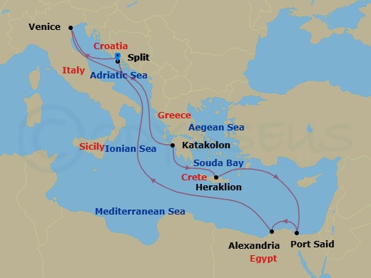 10 Night - Mediterranean - MSC Lirica - Starting in Split, Croatia, Venice / Marghera, Italy, Katakolon (Olympia), Greece, Heraklion (Crete), Greece, Port Said, Egypt, Alexandria EG, Egypt, Split, Croatia itinerary map