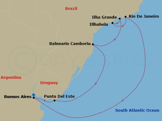 9 Night - South America - MSC Splendida - Starting in Buenos Aires, Argentina, Rio De Janeiro, Brazil, Ilhabela, Brazil, Ilha Grande, Brazil, Camboriu, Brazil, Punta Del Este, Uruguay, Buenos Aires, Argentina itinerary map