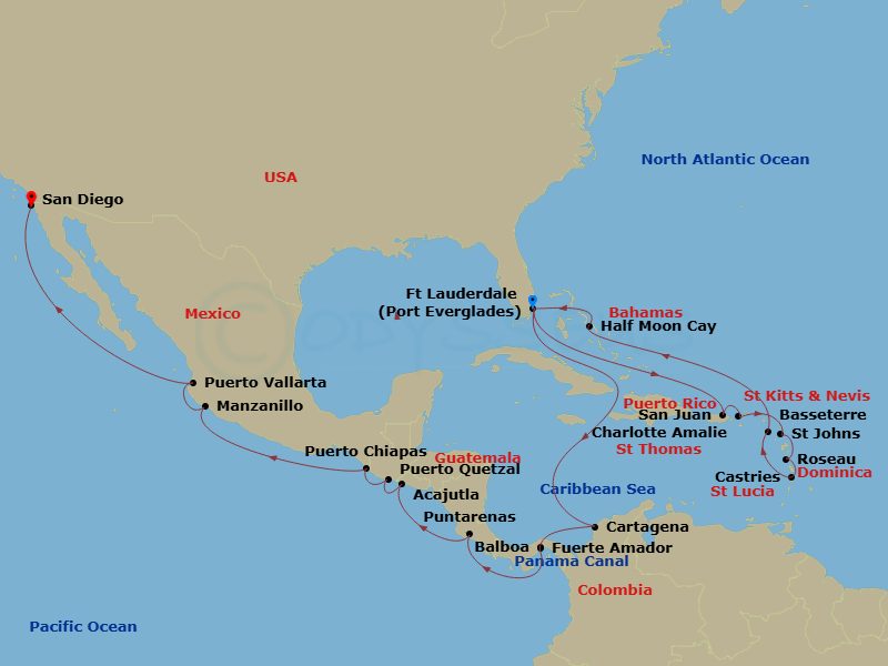 29 Night - Panama Canal & Eastern Caribbean - Koningsdam - Starting in Fort Lauderdale, Florida, San Juan, Puerto Rico, St Thomas, US Virgin Islands, St Johns AG, Antigua, Roseau, Dominica, Castries, Saint Lucia, Basseterre, St Kitts and Nevis, Half Moon Cay, Bahamas, Fort Lauderdale, Florida, Cartagena CO, Enter Panama Canal Cristobal, Cruising Panama Canal, Exit Panama Canal Balboa, Fuerte Amador, Panama, Puntarenas (Puerto Caldera), Costa Rica, Acajutla, El Salvador, Puerto Quetzal, Guatemala, Puerto Chiapas, Mexico, Manzanillo, Mexico, Puerto Vallarta, Mexico, San Diego, California itinerary map