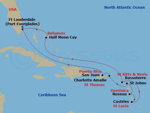 12 Night - Eastern Caribbean : U.S. and British Virgin Islands - Koningsdam - Starting in Fort Lauderdale, Florida, San Juan, Puerto Rico, St Thomas, US Virgin Islands, St Johns AG, Antigua, Roseau, Dominica, Castries, Saint Lucia, Basseterre, St Kitts and Nevis, Half Moon Cay, Bahamas, Fort Lauderdale, Florida itinerary map