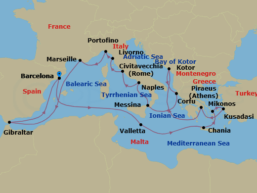 21 Night - Greek Isles : Naples & Rivieras - Oosterdam - Starting in Barcelona, Spain, Valletta, Malta, Souda (Chania), Greece, Mykonos, Greece, Kusadasi (Ephesus), Turkey, Piraeus (Athens), Greece, Kotor, Montenegro, Scenic cruising Bay of Kotor, Kerkira, (Corfu), Greece, Messina, Italy, Cruising Strait of Messina, Evening cruising Stromboli Volcano, Naples (Pompeii / Amalfi), Italy, Civitavecchia (Rome), Italy, Livorno (Florence / Pisa), Italy, Portofino, Italy, Marseille (Provence), France, Gibraltar, Barcelona, Spain itinerary map