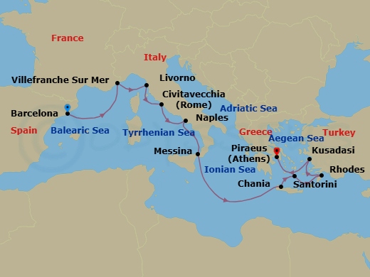 11 Night - Mediterranean Splendor : Amalfi Coast & Ancient Ruins - Oosterdam - Starting in Barcelona, Spain, Villefranche-sur-Mer (Nice), France, Livorno (Florence / Pisa), Italy, Civitavecchia (Rome), Italy, Naples (Pompeii / Amalfi), Italy, Messina, Italy, Souda (Chania), Greece, Thira (Santorini), Greece, Rhodes, Greece, Kusadasi (Ephesus), Turkey, Piraeus (Athens), Greece itinerary map