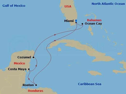7 Night - Caribbean and Antilles - MSC World America - Starting in Miami, Florida, Roatan Island, Honduras, Costa Maya, Mexico, Cozumel, Mexico, Ocean Cay Msc Marine Reserve, Bahamas, Miami, Florida itinerary map
